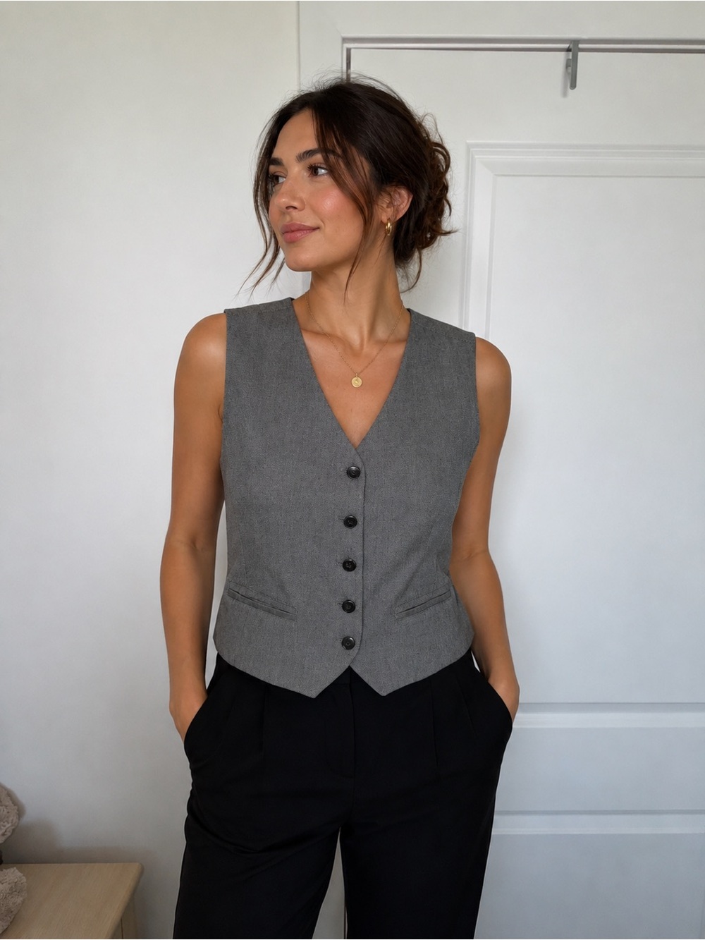 Democracy Gray Tailored Vest Large Button Front Cropped Suiting Waistcoat